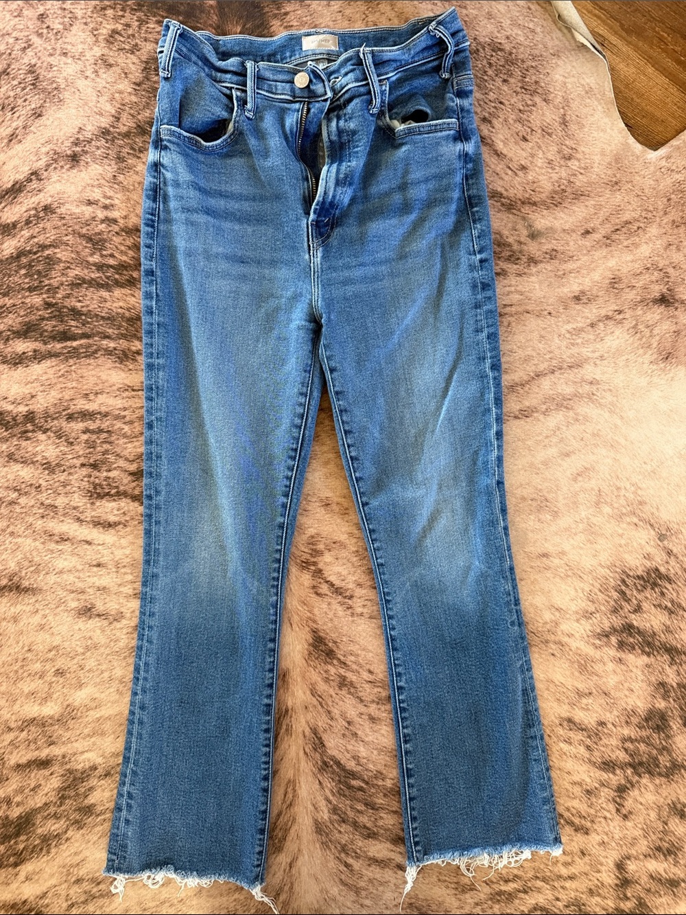 MOTHER Blue Cropped Ankle Jeans with Frayed Hem